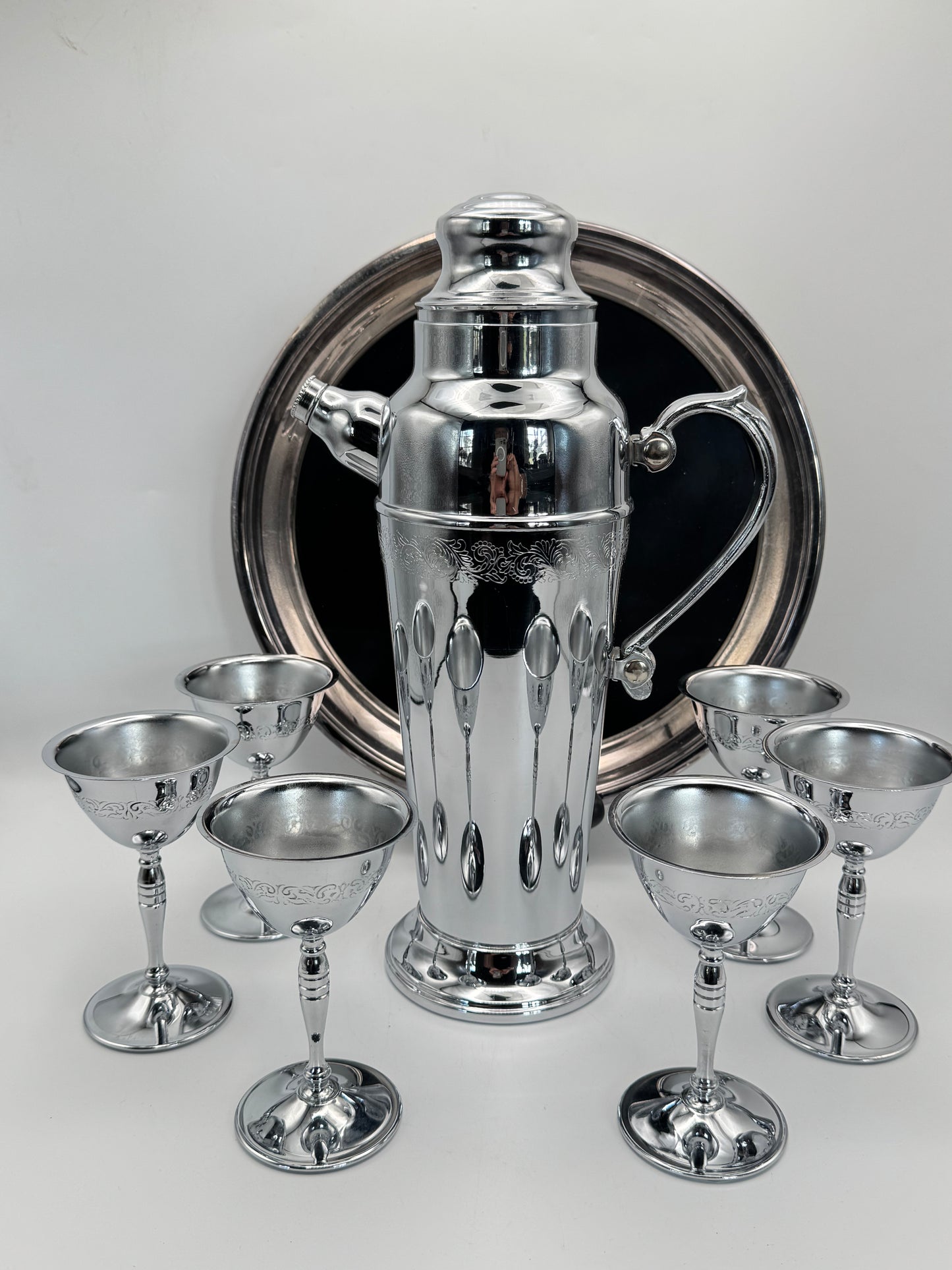 Vintage Chrome Cocktail Shaker Set w/ 6 Stemmed Glasses & Tray Barware