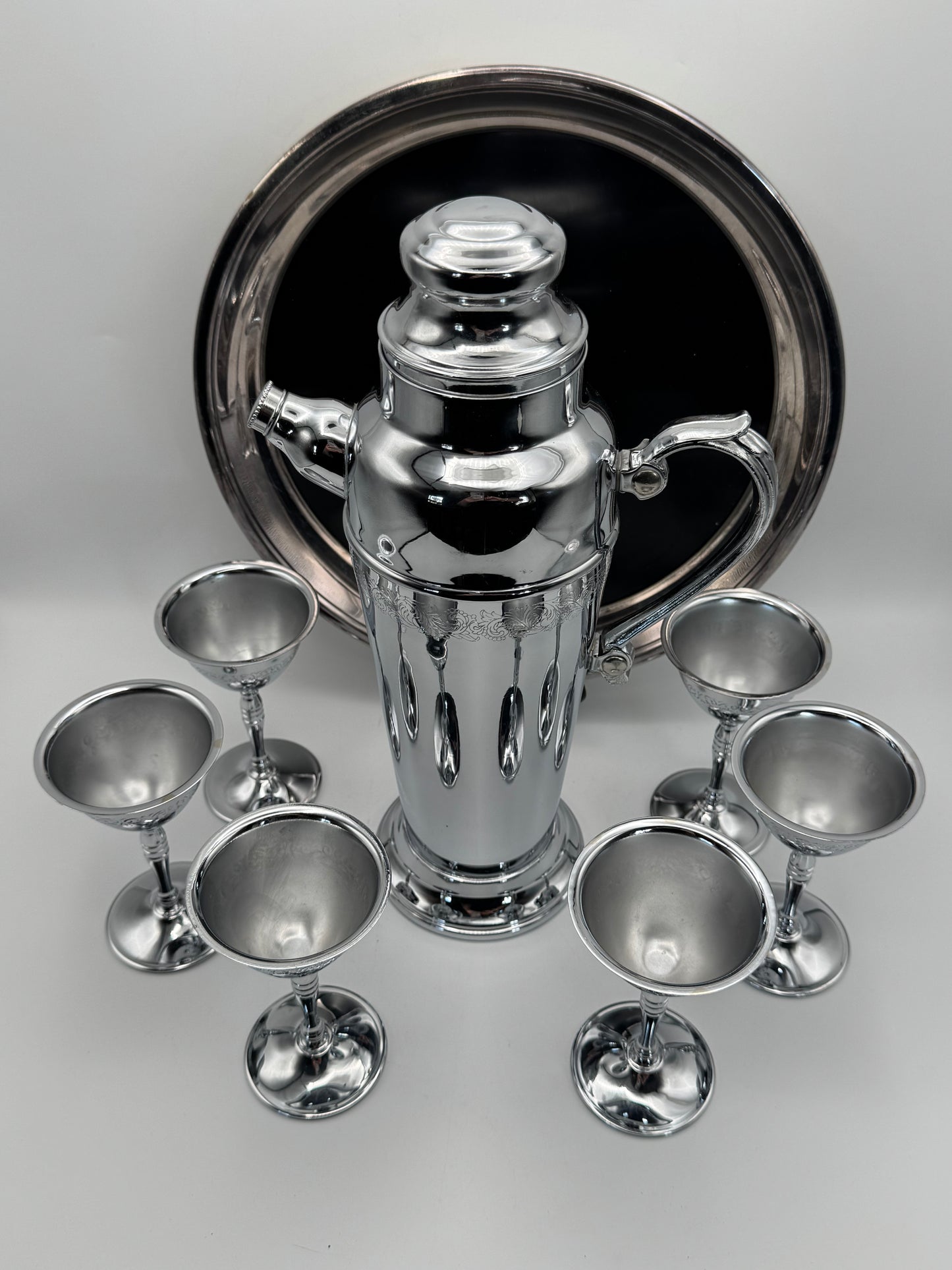 Vintage Chrome Cocktail Shaker Set w/ 6 Stemmed Glasses & Tray Barware