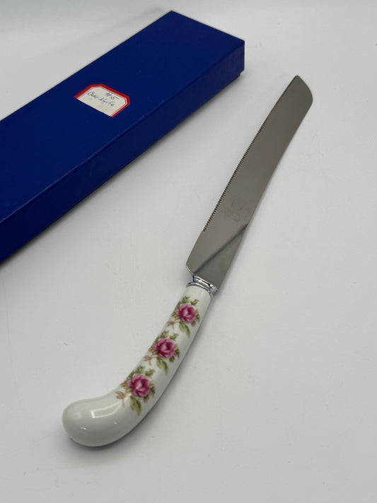 Vintage PRILL Sheffield England Porcelain Handle Cake Knife 12” Roses w/ Box