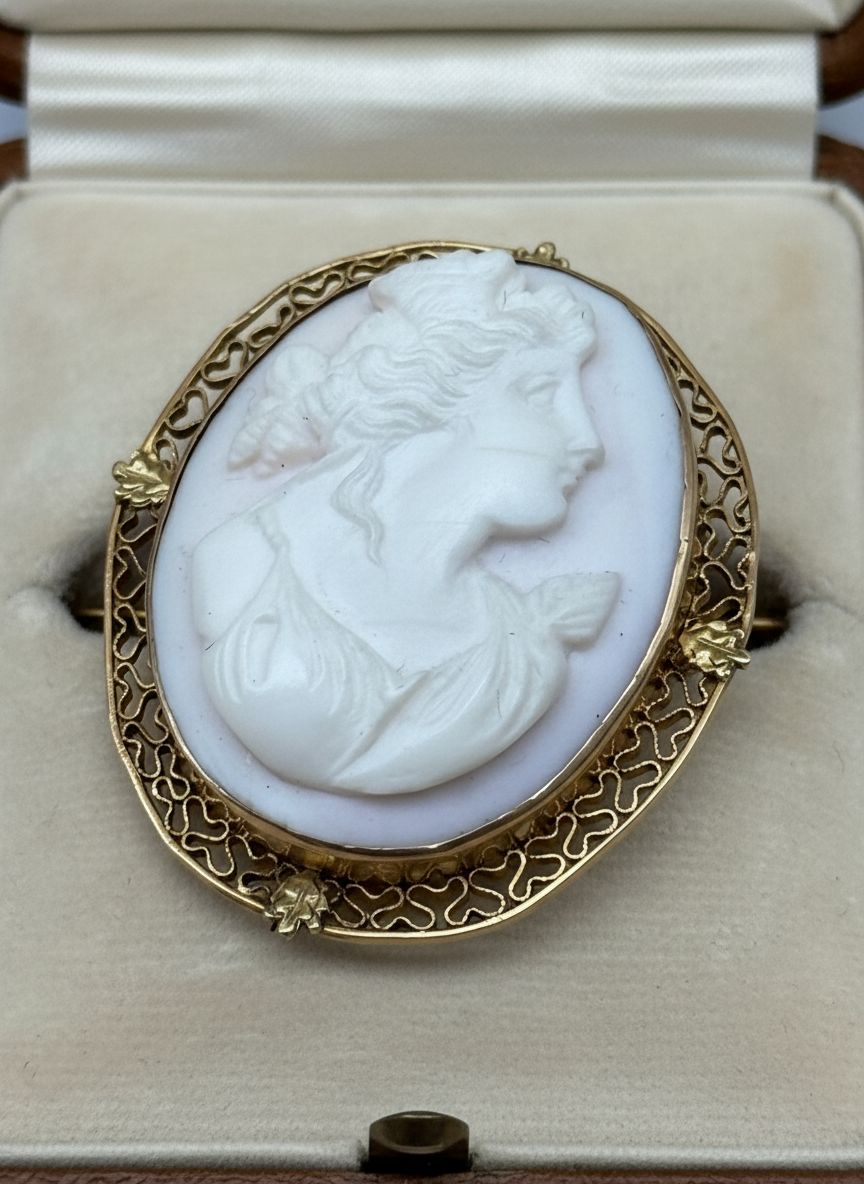 Vintage 14k Pink Carved Cameo Gold Filigree Setting