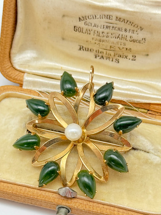 Vintage Gold Tone Brooch Pendant Flower Design Pearl Green Stones