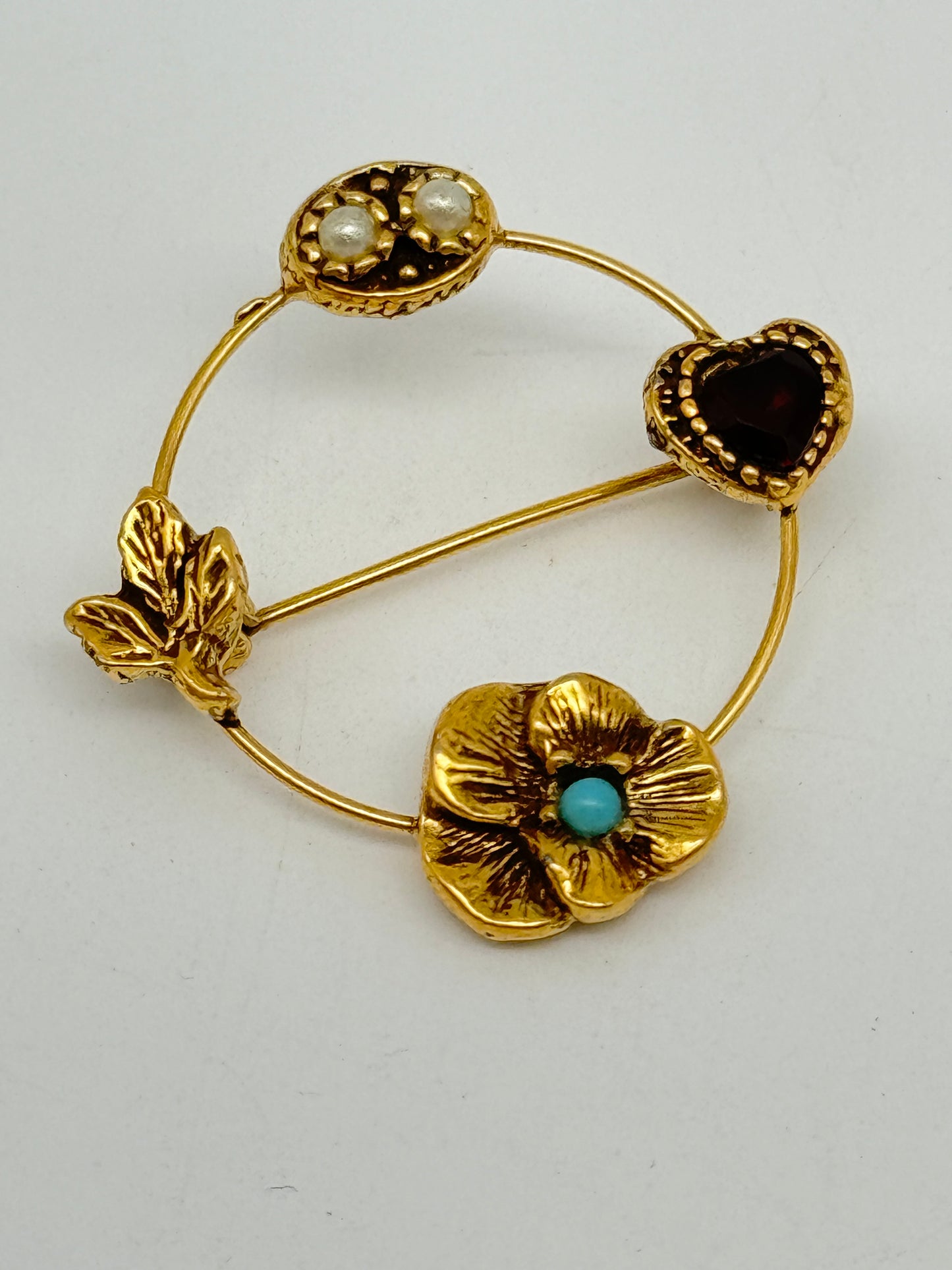 Vintage Victorian Style Circle Pin Gold Tone Faux Turquoise & Pearls Unsigned Goldette Piece