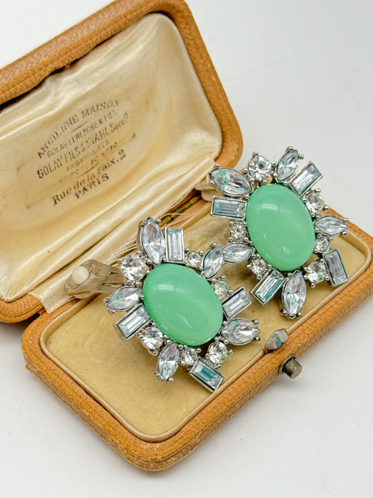 Vintage Arnold SCAASI Green FAUX JADE Clear Rhinestone Clip-on Earrings