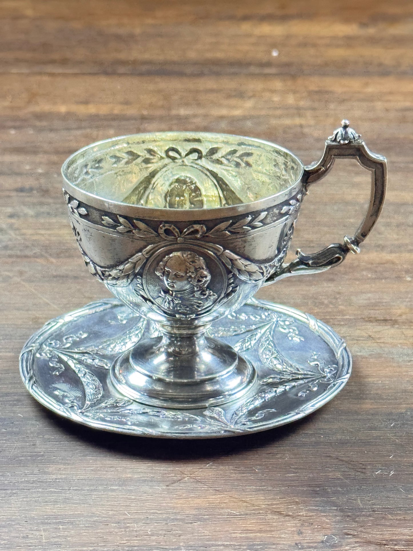 Vintage Silverplate Demitasse Cup & Saucer Cameo Repousse Pseudo Hallmark