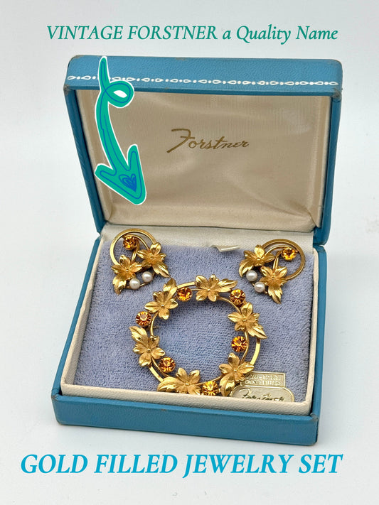 Vintage Gold Filled Brooch & Earring Set Signed FORSTNER in Original Box LEAF &