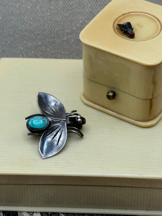 Artisan BEE SILVER Tested “Bug” Brooch Turquoise Color Stone Hand Made ESTATE FIND