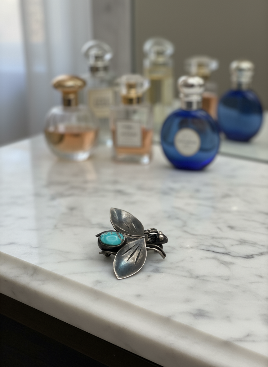 Artisan BEE SILVER Tested “Bug” Brooch Turquoise Color Stone Hand Made ESTATE FIND