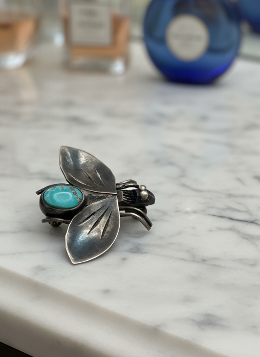 Artisan BEE SILVER Tested “Bug” Brooch Turquoise Color Stone Hand Made ESTATE FIND