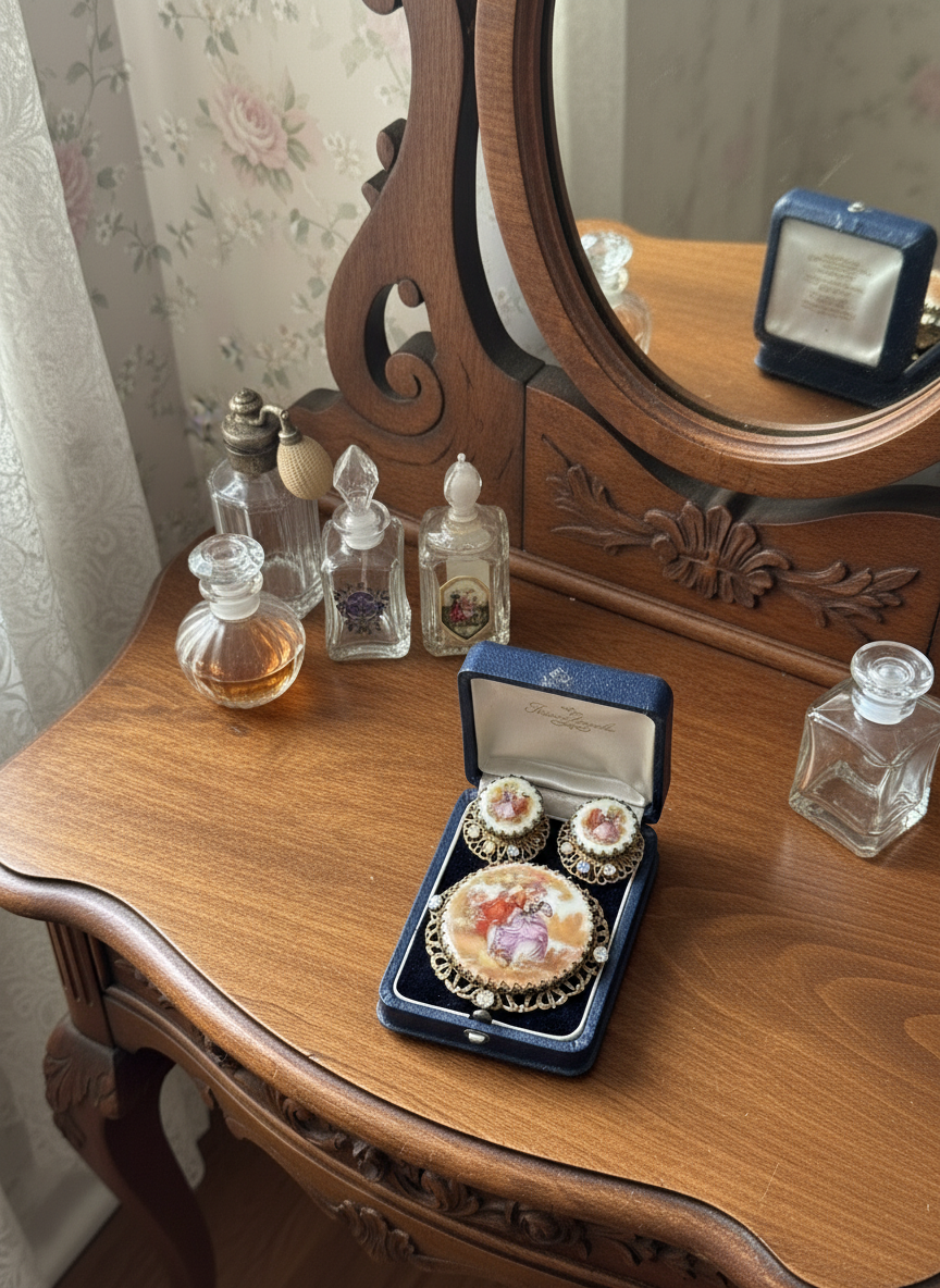 Vintage West GERMANY Frangonard Lovers Scene Miniature Jewelry Set Brooch Earrings