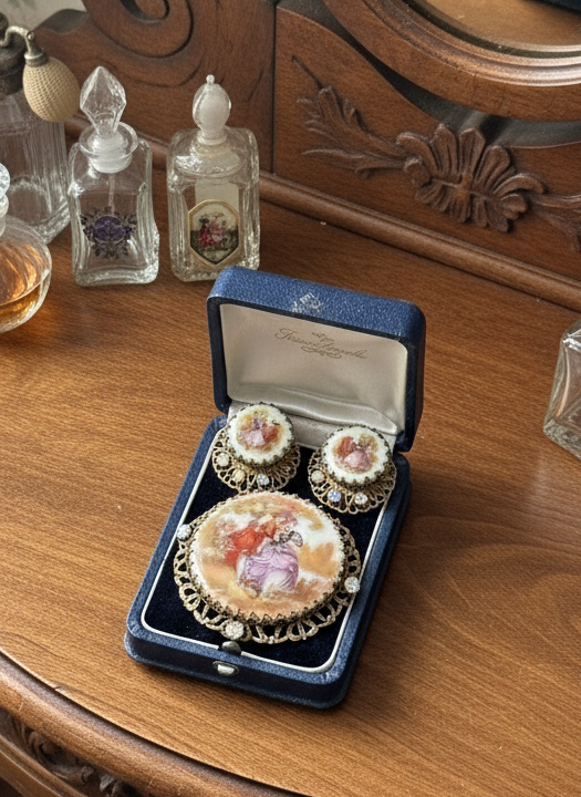 Vintage West GERMANY Frangonard Lovers Scene Miniature Jewelry Set Brooch Earrings