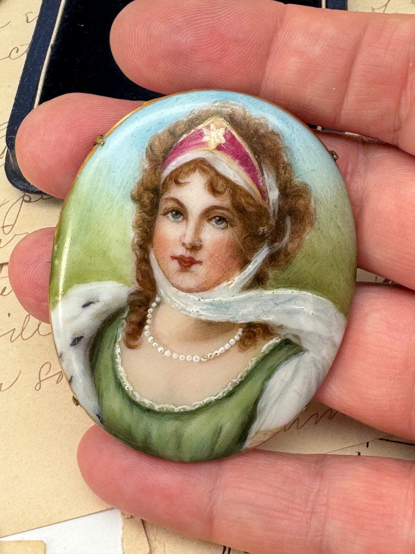 Antique Queen Louise Miniature Portrait Brooch On Porcelain C Clasp