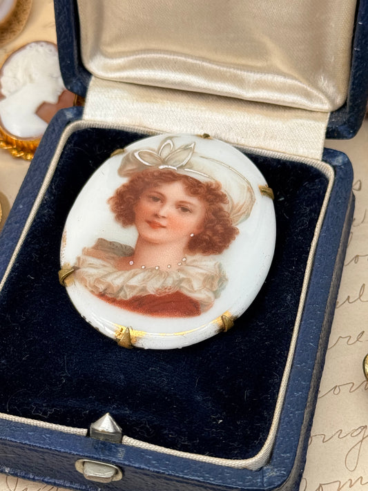 Antique Porcelain Miniature Brooch Lady With Hat