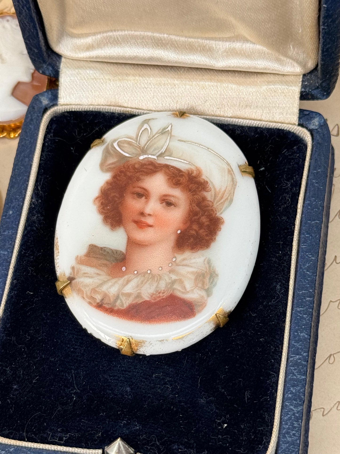 Antique Porcelain Miniature Brooch Lady With Hat