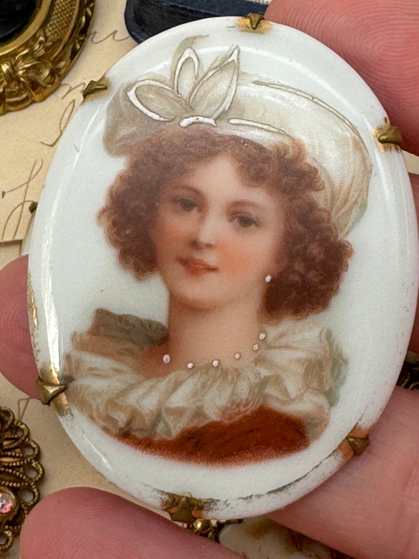 Antique Porcelain Miniature Brooch Lady With Hat