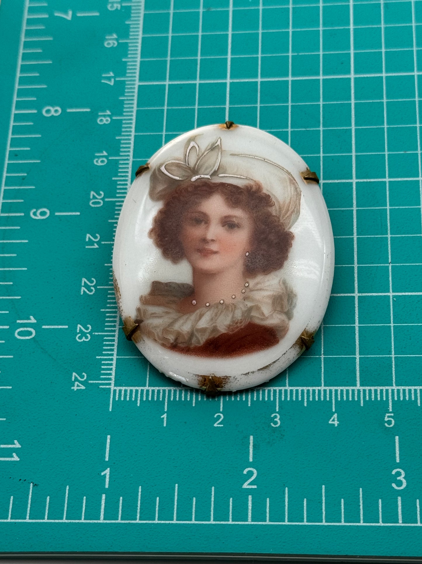 Antique Porcelain Miniature Brooch Lady With Hat