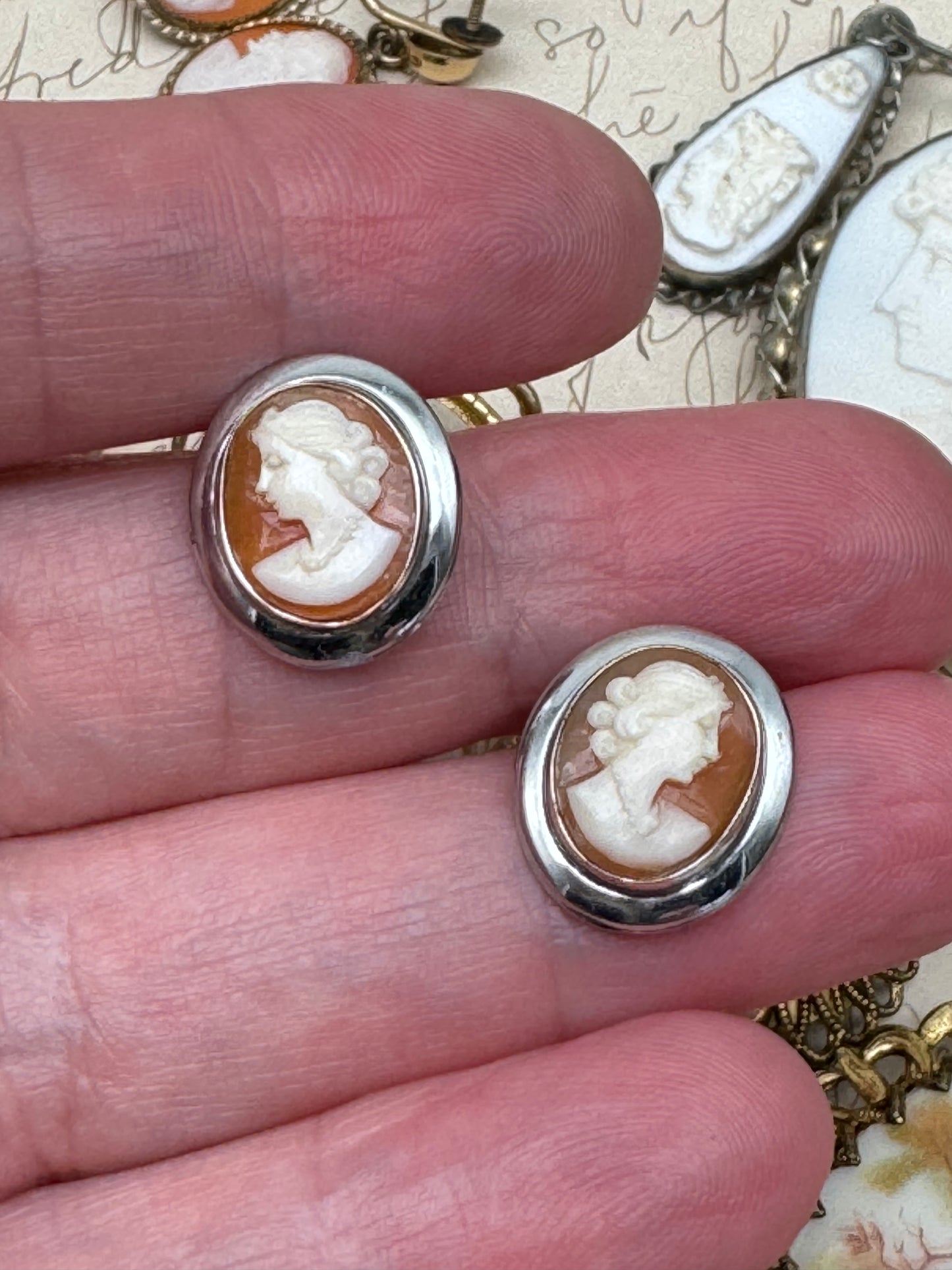 Sterling Silver Cameo Earrings Post Back Butterfly Screw