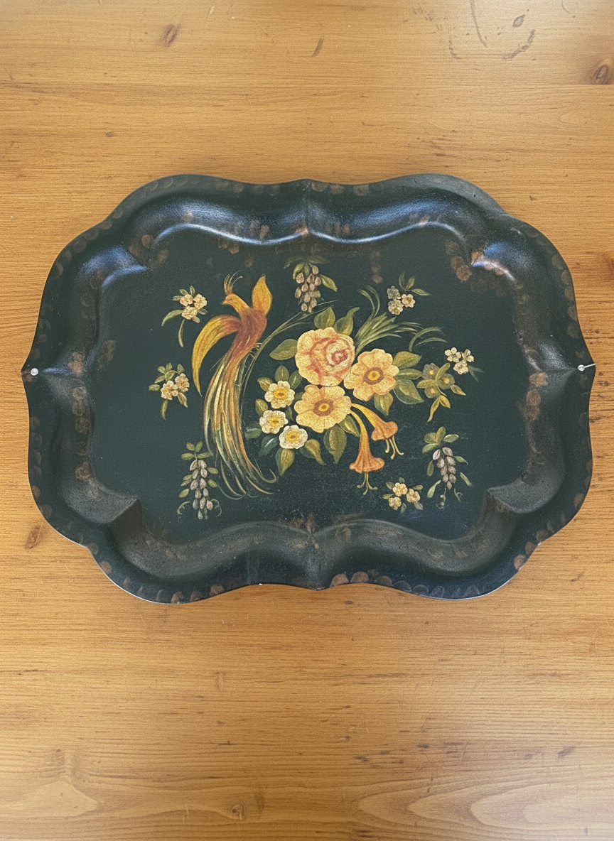 Antique 19th Century Tole Tray Hand Painted Bird Flowers 29”x 21” ESTATE FIND