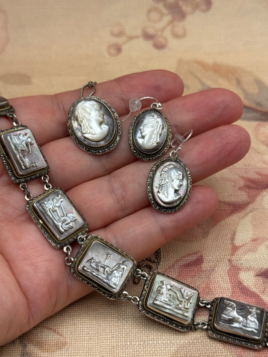 VINTAGE Carved Cameo MOP 1940s Jewelry Set Made In Italy CAMEXCO circa 7” Bracelet Earrings converted to Hook & Brooch/Pendent w/ Chain