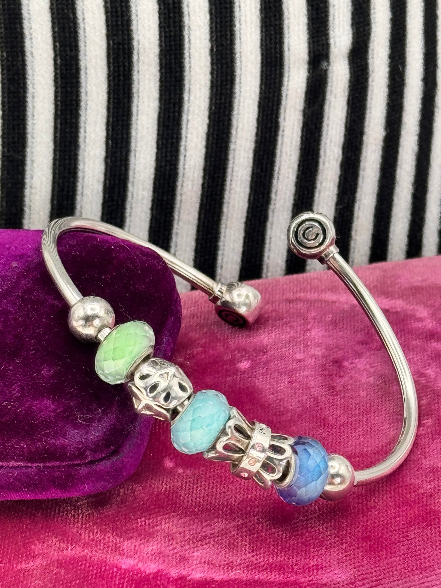 Vintage Sterling Chamilia Open Cuff Bracelet with Mixed Charms 7”+