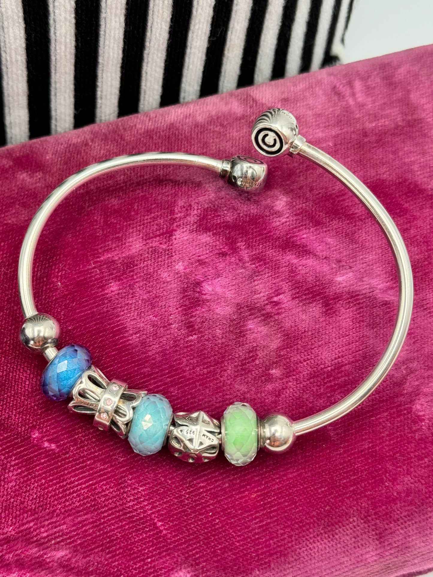 Vintage Sterling Chamilia Open Cuff Bracelet with Mixed Charms 7”+