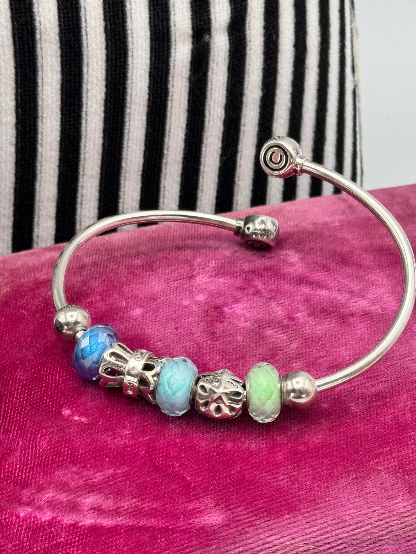 Vintage Sterling Chamilia Open Cuff Bracelet with Mixed Charms 7”+