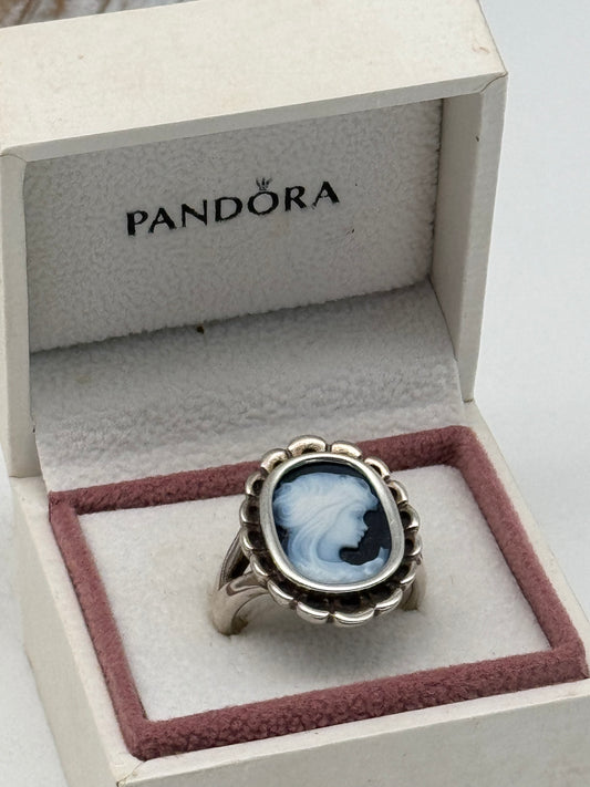 Сameo Blue Agate Ring PANDORA 925 Sterling Silver Vintage 2011, Size 7 in Box RETIRED‼️