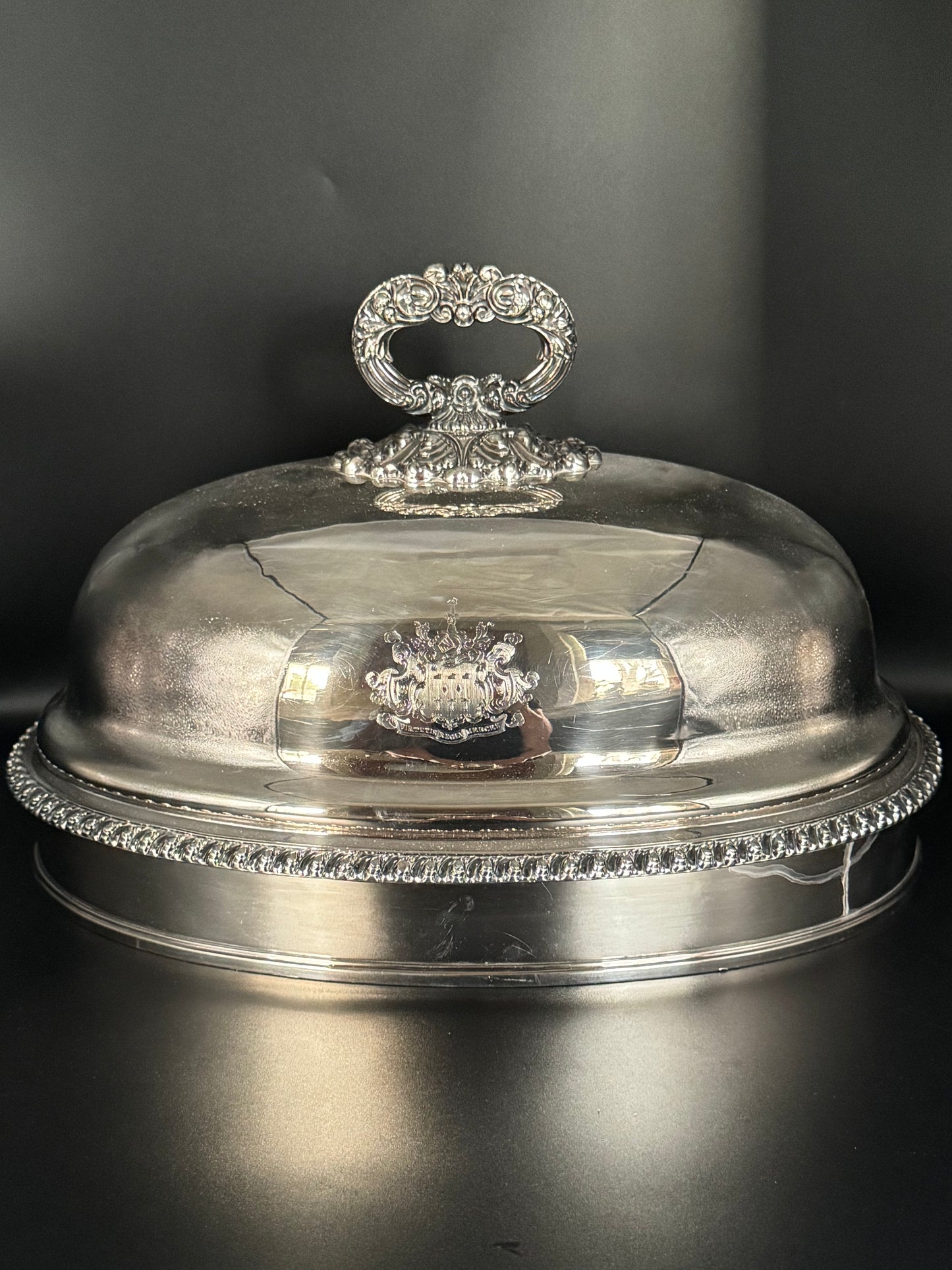 Large Sheffield Plate Georgian Style Meat Dome with Removable Handle Ca 15.75” x 11.75” x 12” SUBSTANTIAL
