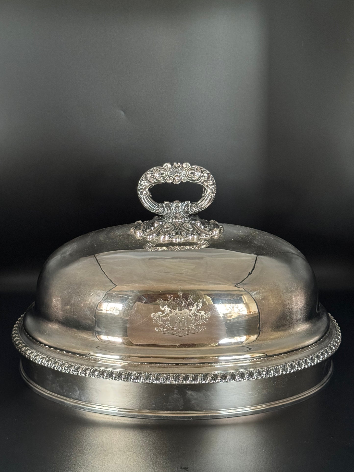 Large Sheffield Plate Georgian Style Meat Dome with Removable Handle Ca 15.75” x 11.75” x 12” SUBSTANTIAL