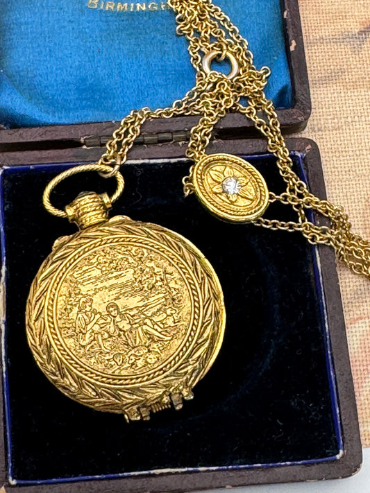 Vintage Max Factor Lip Balm Locket Necklace EMPTY Gold Tone Courting Couple with Slider Chain 27”