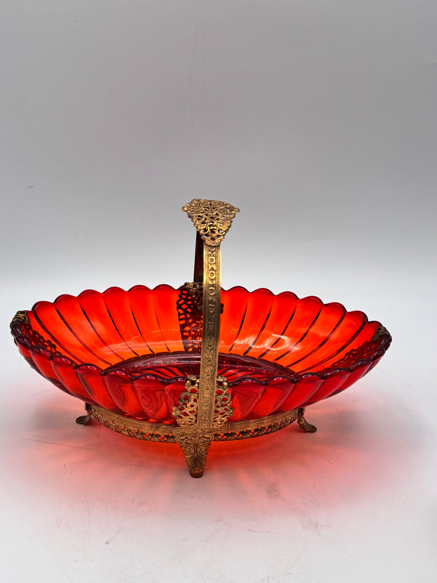 Vintage Burnt Orange Art Glass Basket with Ornate Ormolu Brass Handle