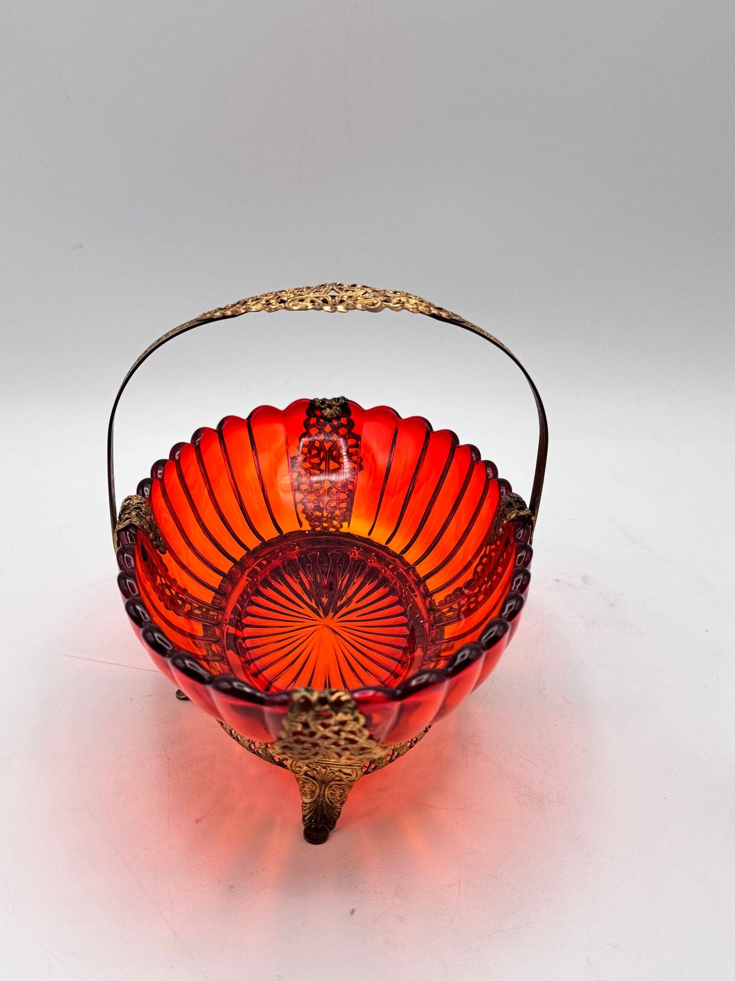 Vintage Burnt Orange Art Glass Basket with Ornate Ormolu Brass Handle