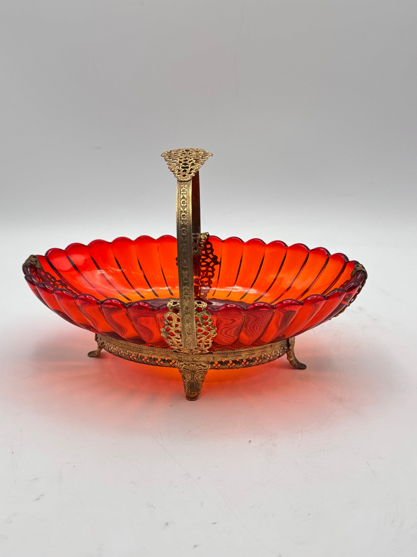 Vintage Burnt Orange Art Glass Basket with Ornate Ormolu Brass Handle