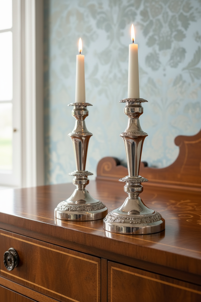 Vintage Pair of Repoussé Silverplate Candlesticks