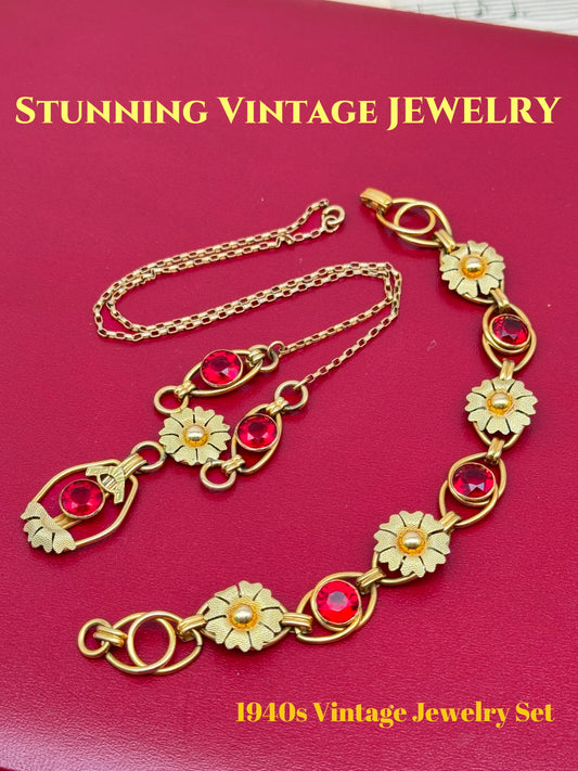 Vintage PRST Jewelry Set Necklace 15.5” & Bracelet Gold Filled Red Rhinestone