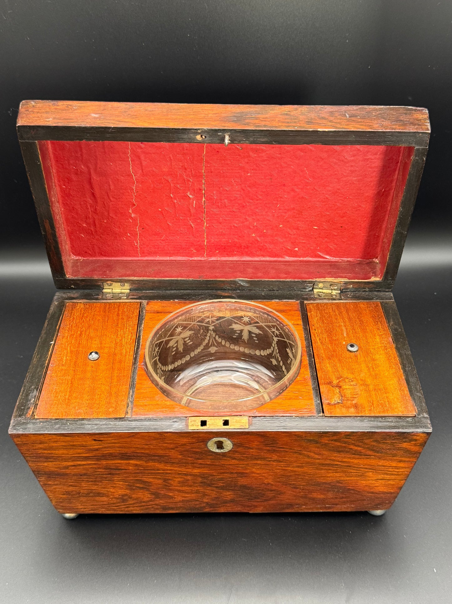 Antique Sarcophagus ENGLISH Style Tea Caddy Glass Mixing Bowl Wood ESTATE FIND No Key