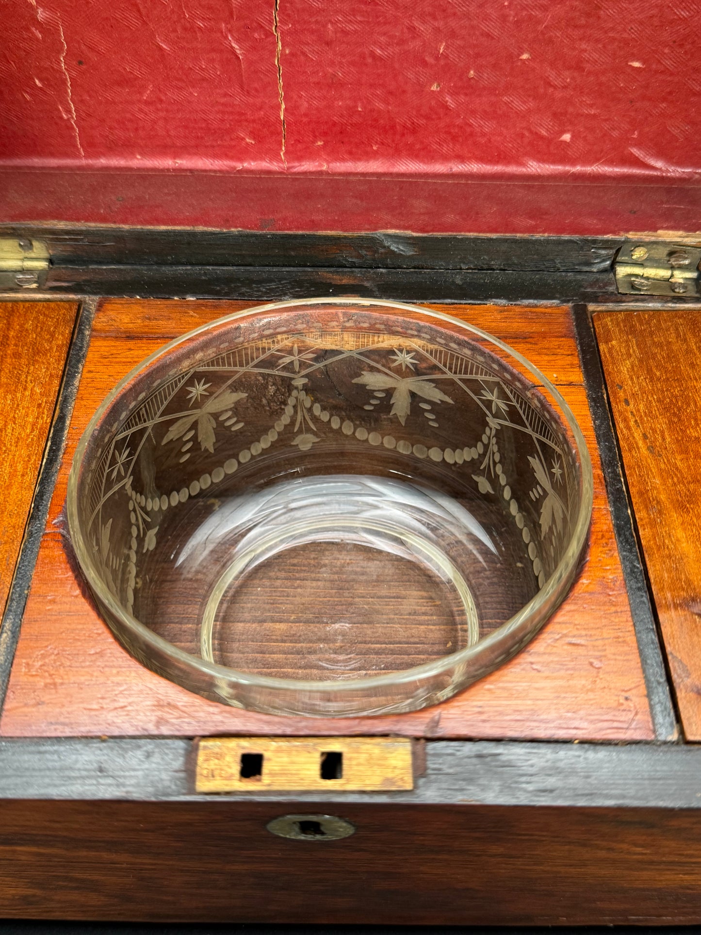 Antique Sarcophagus ENGLISH Style Tea Caddy Glass Mixing Bowl Wood ESTATE FIND No Key