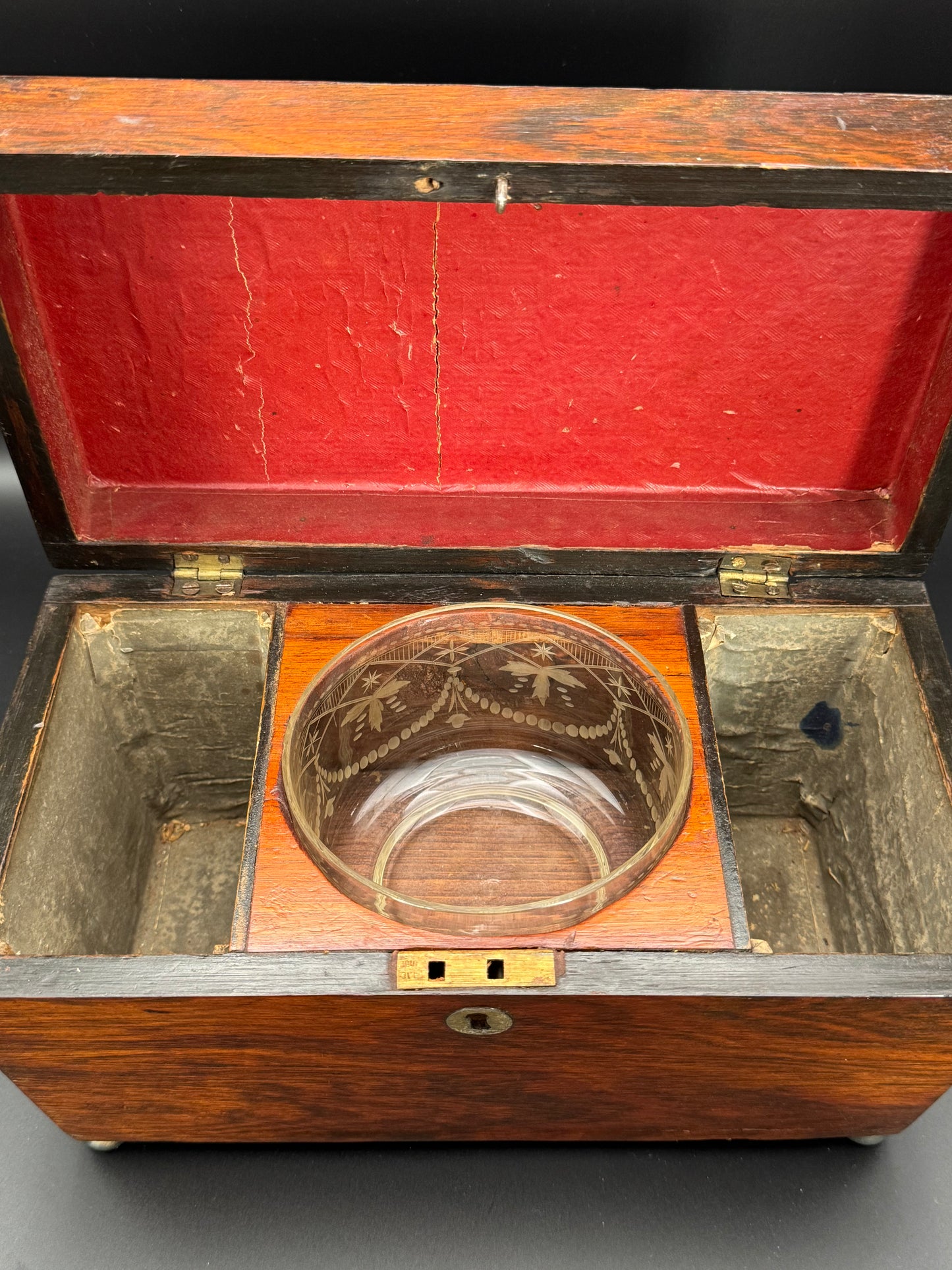 Antique Sarcophagus ENGLISH Style Tea Caddy Glass Mixing Bowl Wood ESTATE FIND No Key