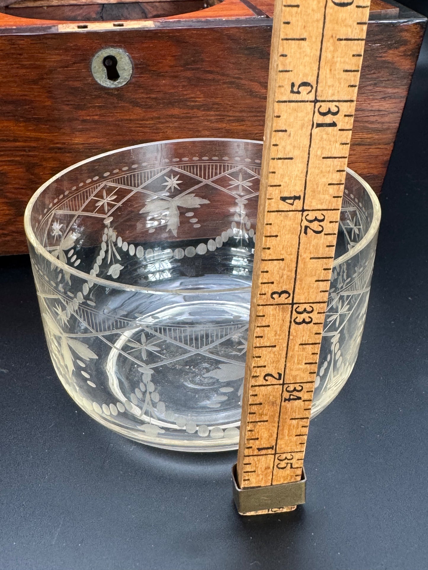 Antique Sarcophagus ENGLISH Style Tea Caddy Glass Mixing Bowl Wood ESTATE FIND No Key