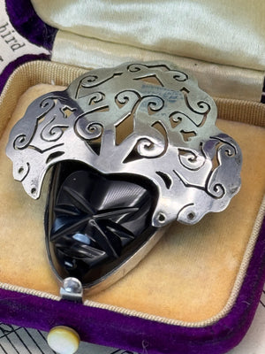 Vintage Sterling Mask Brooch Mexico 2” Black Onyx Face Figural Pin