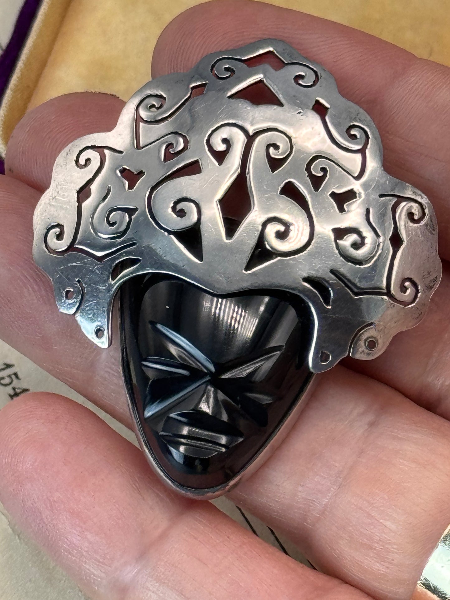 Vintage Sterling Mask Brooch Mexico 2” Black Onyx Face Figural Pin