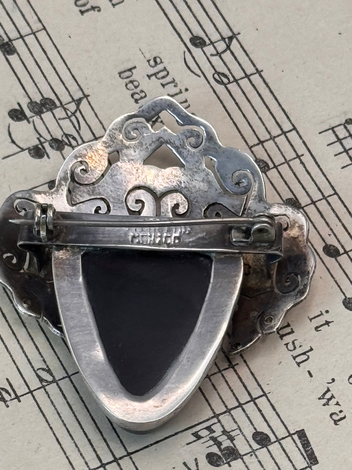 Vintage Sterling Mask Brooch Mexico 2” Black Onyx Face Figural Pin