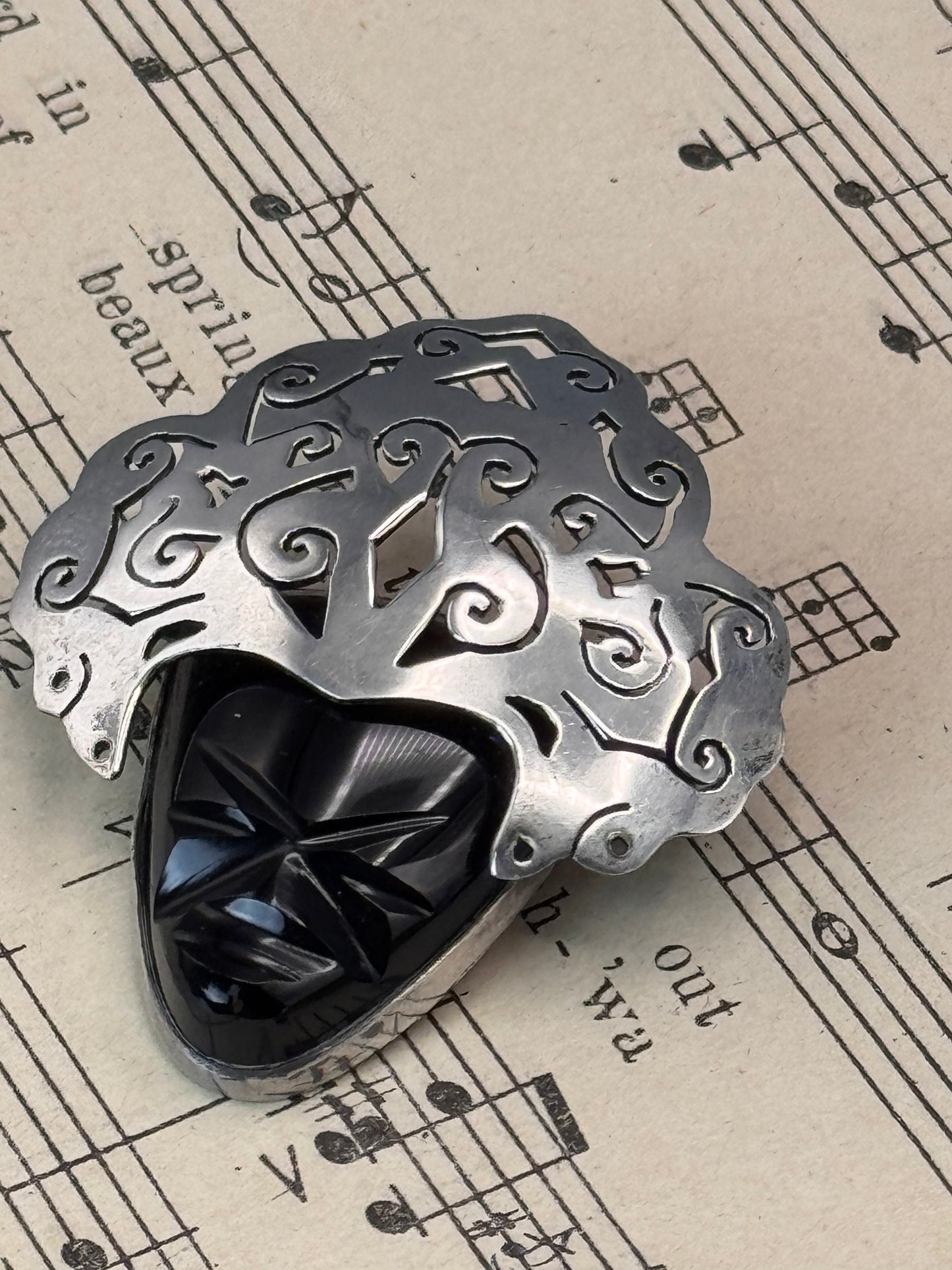 Vintage Sterling Mask Brooch Mexico 2” Black Onyx Face Figural Pin