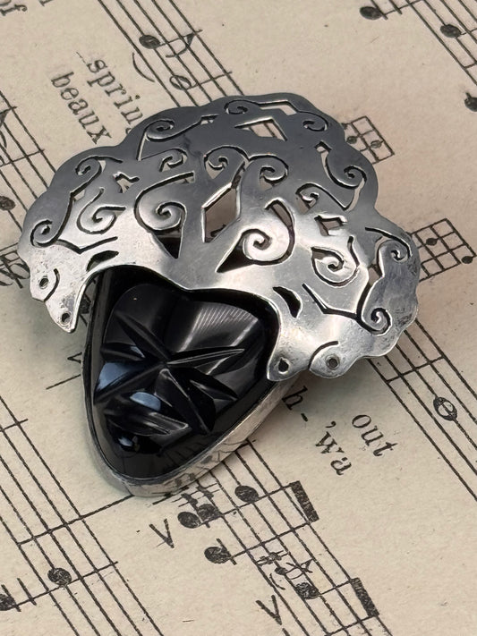 Vintage Sterling Mask Brooch Mexico 2” Black Onyx Face Figural Pin