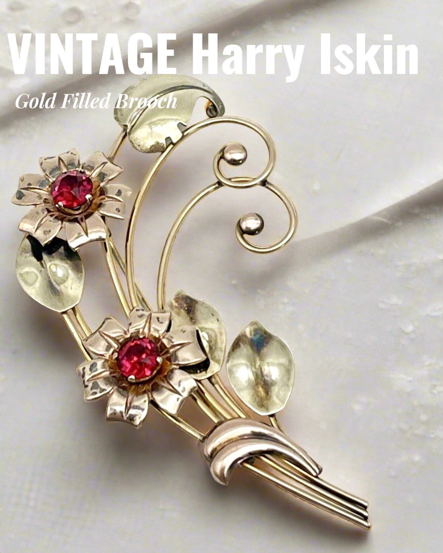 Vintage Harry Iskin 1/20 10K Gold Filled Red Flower Bouquet 3” Brooch Pin