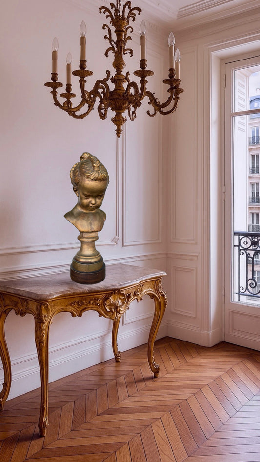 Antique STYLE French Girl Bust reproduction of a work by the French sculptor Jacques François Joseph Saly (1717-1776). SUBSTANTIAL Estate Find On Wooden Base 21”h