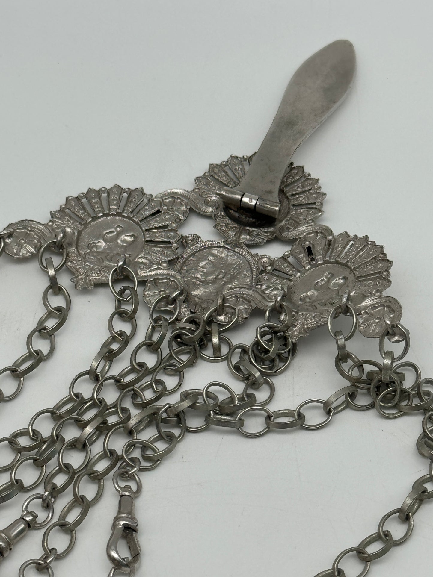 Antique Victorian Style 8 Arm Sewing Chatelaine SILVER TONE Classical Roman Coin Head Horses, Notebook, Bottle,Pen Holder, Thimble Bucket, Scissors Case, Keys, Tape Measure Case