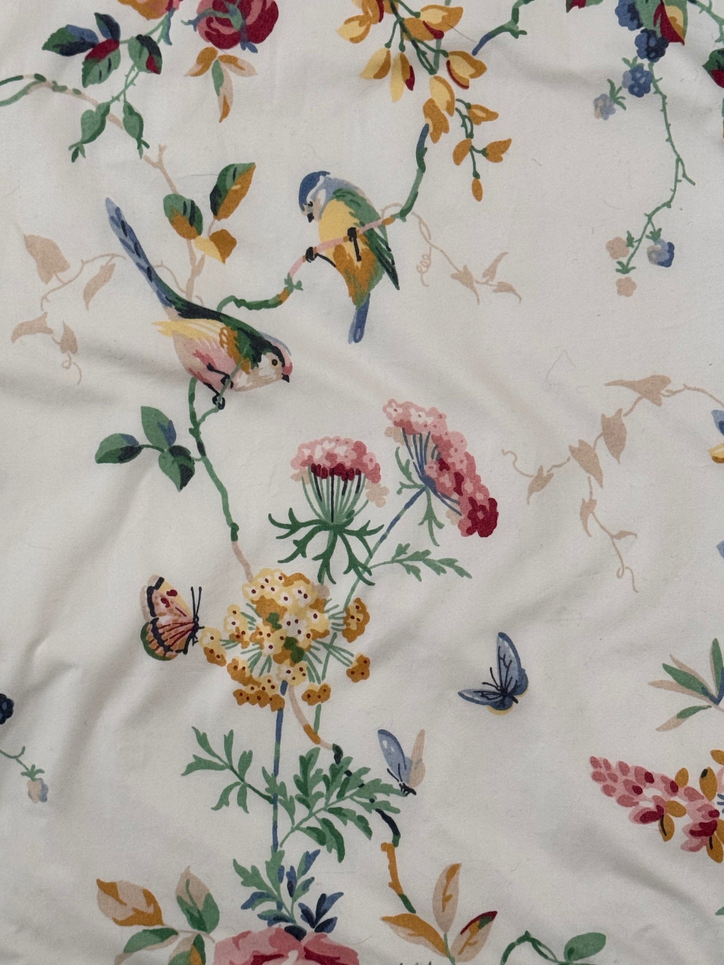 2 Vintage Schumacher Chickadee Floral Sky Drapery Panels Pair Wool Lined Weighted 90” x 60” Faded Piping