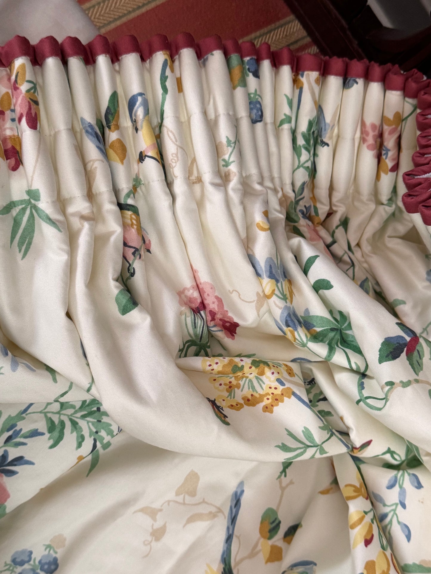 2 Vintage Schumacher Chickadee Floral Sky Drapery Panels Pair Wool Lined Weighted 90” x 60” Faded Piping