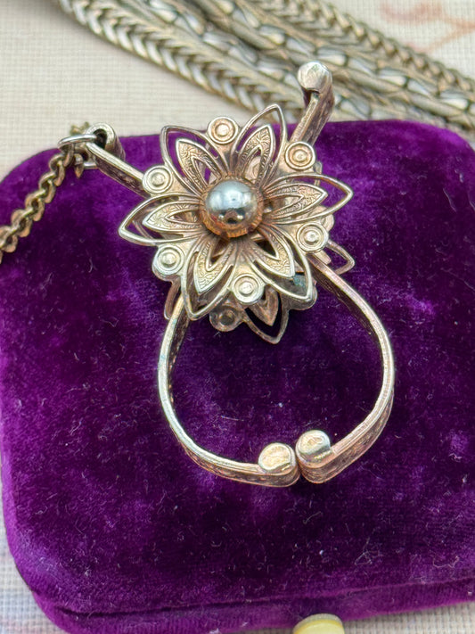 Victorian Style Rose Gold Metal with Flower Engraved Glove Holder – 1.75” x 1” – Vintage Floral Design