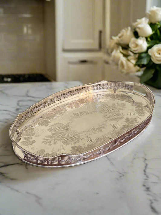 Vintage SHEFFIELD VINERS Silver Plate Gallery Tray Reticulated Garland Bow Grapevine Chased Design